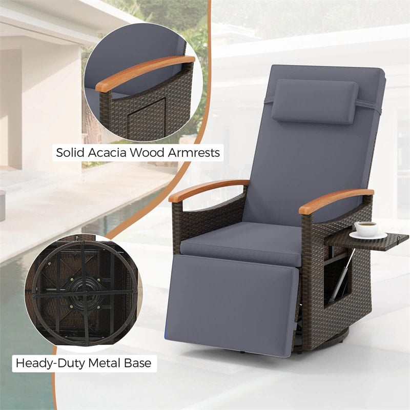 Outdoor 360° Swivel Rattan Recliner Chair, Patio Wicker Chaise Lounge Chair with Adjustable Backrest & Footrest, Flip Side Table & Cushions