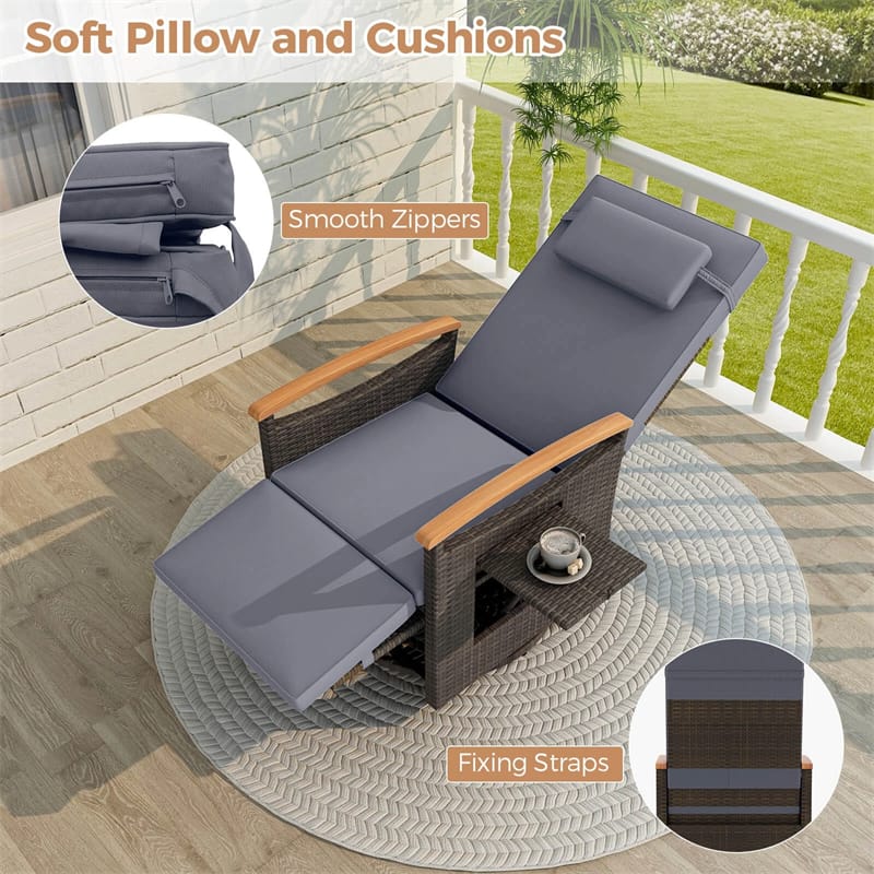 Outdoor 360° Swivel Rattan Recliner Chair, Patio Wicker Chaise Lounge Chair with Adjustable Backrest & Footrest, Flip Side Table & Cushions