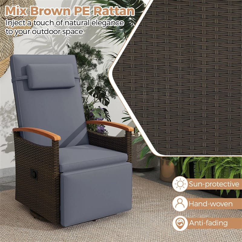 Outdoor 360° Swivel Rattan Recliner Chair, Patio Wicker Chaise Lounge Chair with Adjustable Backrest & Footrest, Flip Side Table & Cushions