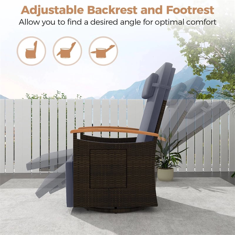 Outdoor 360° Swivel Rattan Recliner Chair, Patio Wicker Chaise Lounge Chair with Adjustable Backrest & Footrest, Flip Side Table & Cushions