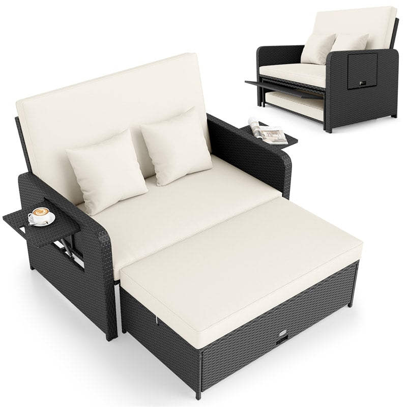 Patio Rattan Daybed Outdoor Wicker Loveseat Sofa with 4-Level Adjustable Backrest, Storage Ottoman, Retractable Tray & Cushions for Backyard