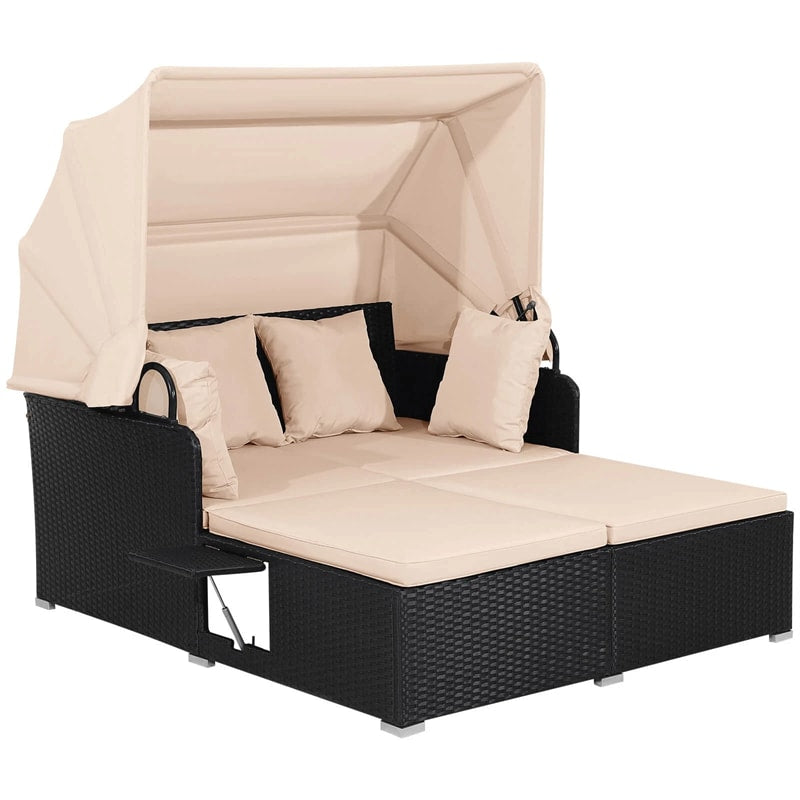 Hand-Woven Rattan Patio Daybed with Retractable Canopy & Side Tables, Outdoor Double Conversation Sunbed