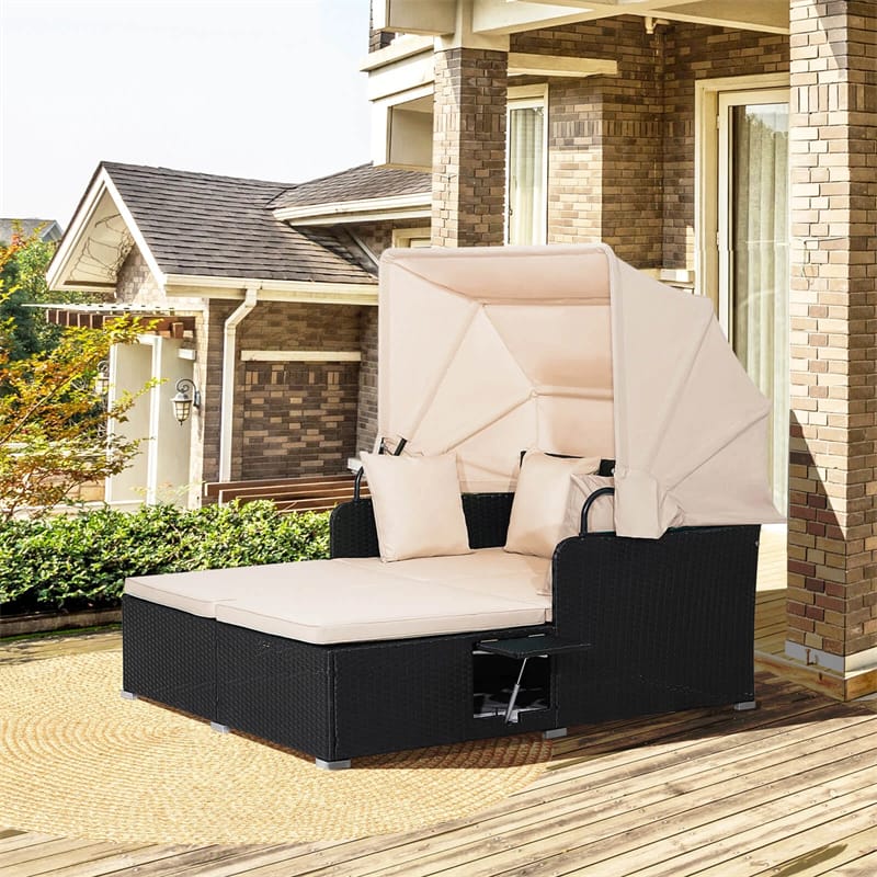 Hand-Woven Rattan Patio Daybed with Retractable Canopy & Side Tables, Outdoor Double Conversation Sunbed