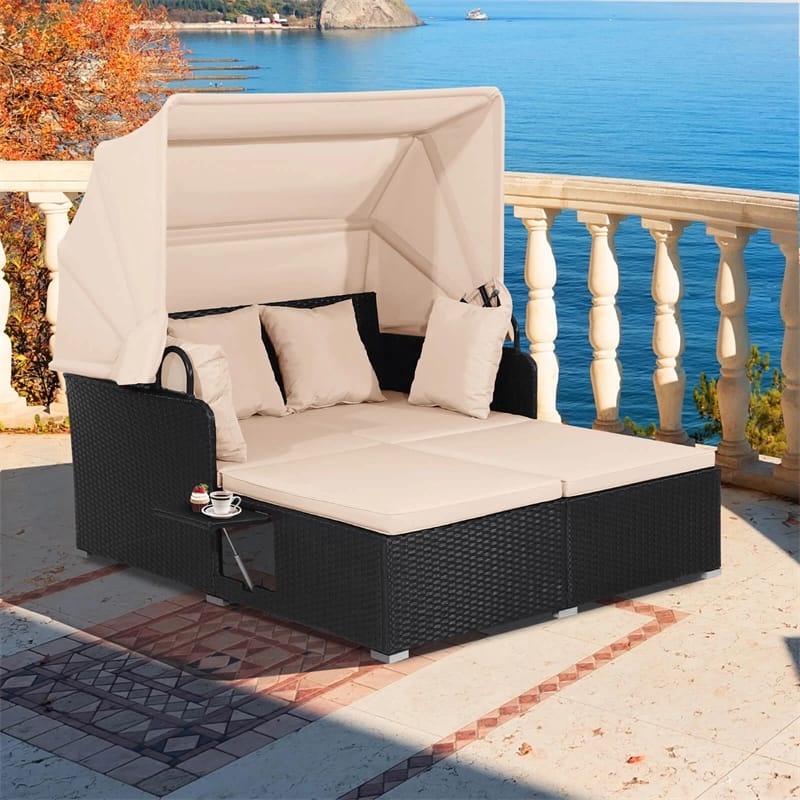 Hand-Woven Rattan Patio Daybed with Retractable Canopy & Side Tables, Outdoor Double Conversation Sunbed