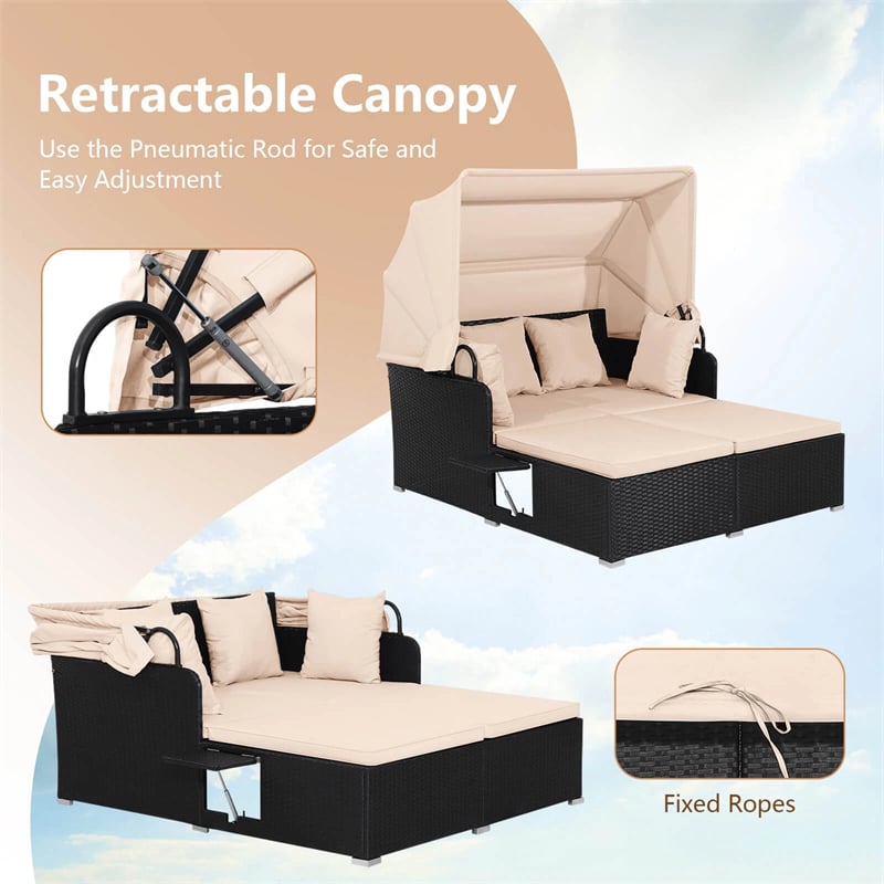 Hand-Woven Rattan Patio Daybed with Retractable Canopy & Side Tables, Outdoor Double Conversation Sunbed