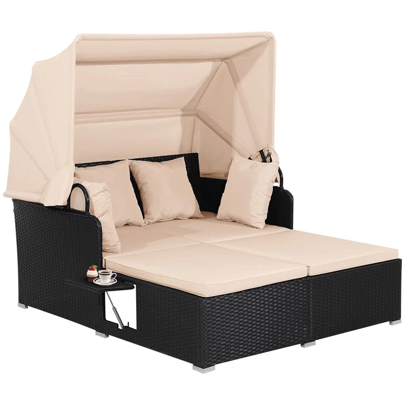 Hand-Woven Rattan Patio Daybed with Retractable Canopy & Side Tables, Outdoor Double Conversation Sunbed