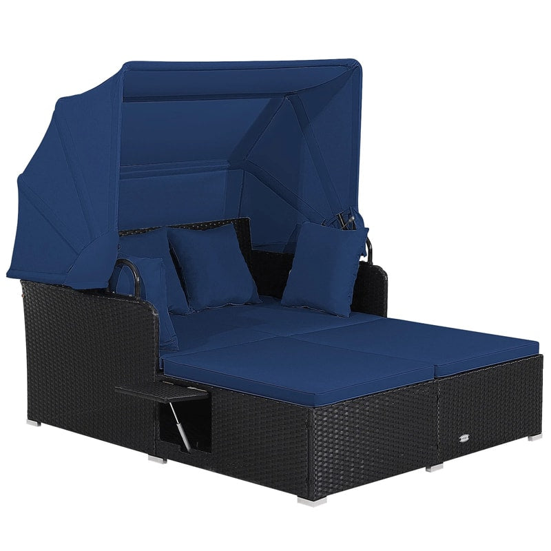 Hand-Woven Rattan Patio Daybed with Retractable Canopy & Side Tables, Outdoor Double Conversation Sunbed