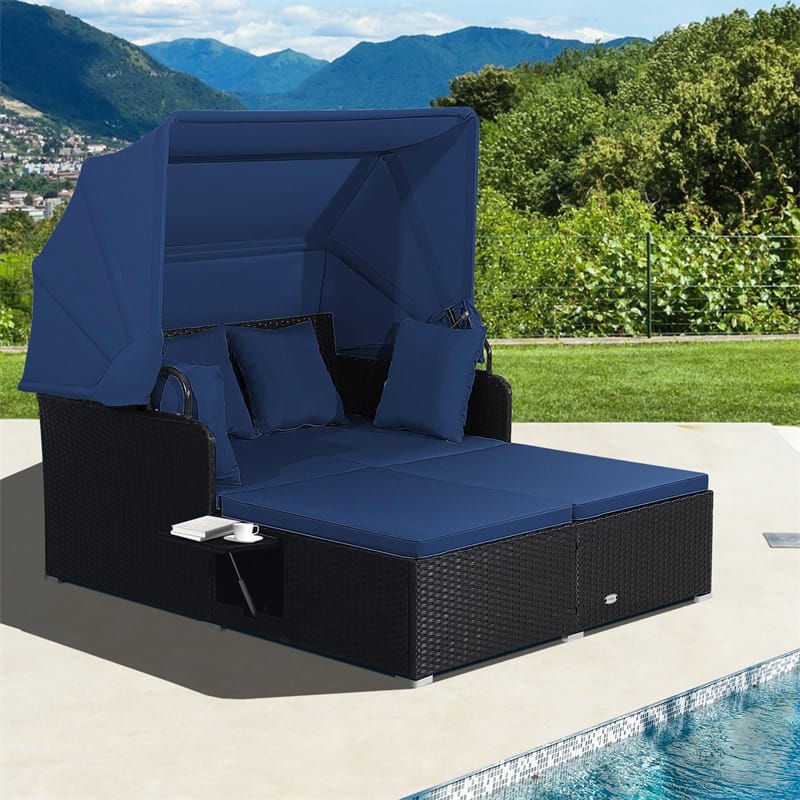 Patio Rattan Daybed, Outdoor Wicker Double Sun Lounger with Retractable Canopy, 2 Foldable Side Trays & Thick Cushions for Garden Poolside, Porch