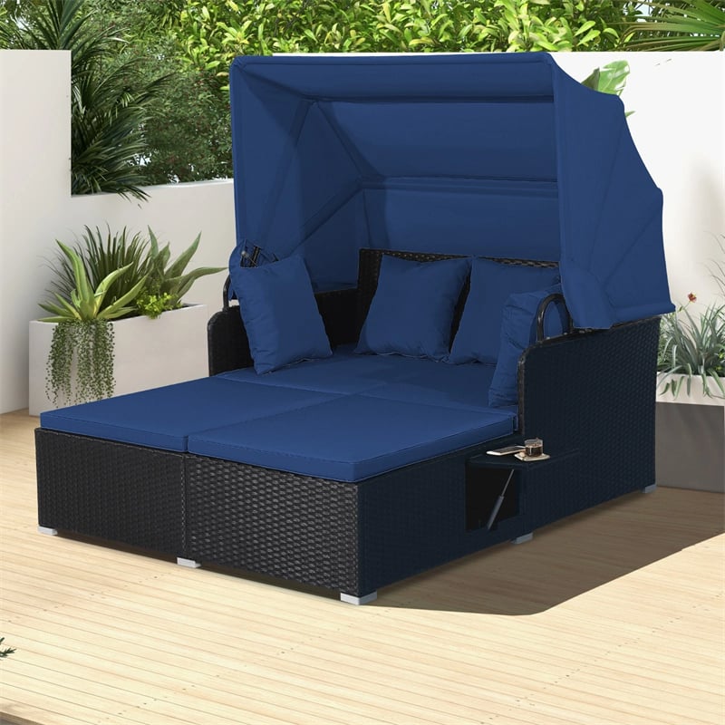 Hand-Woven Rattan Patio Daybed with Retractable Canopy & Side Tables, Outdoor Double Conversation Sunbed