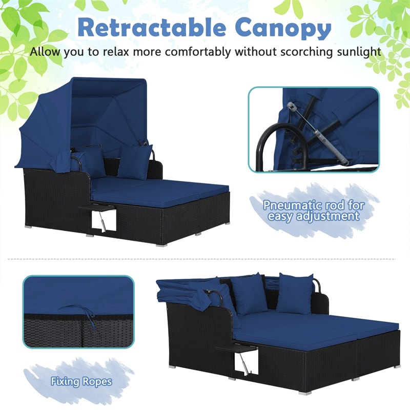 Hand-Woven Rattan Patio Daybed with Retractable Canopy & Side Tables, Outdoor Double Conversation Sunbed