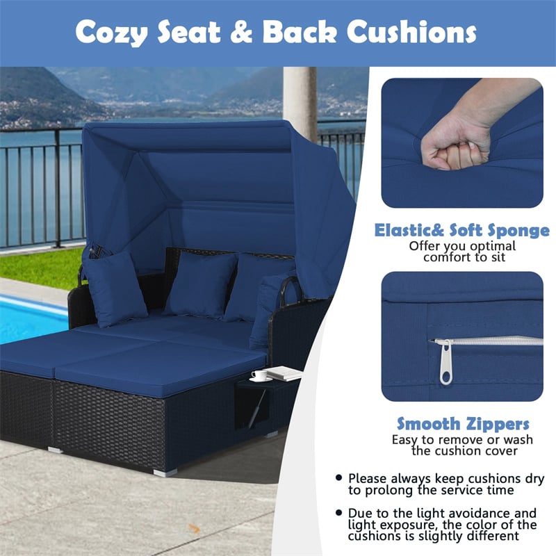 Hand-Woven Rattan Patio Daybed with Retractable Canopy & Side Tables, Outdoor Double Conversation Sunbed