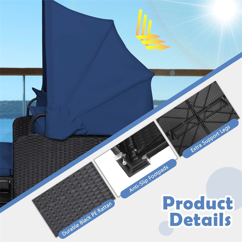Hand-Woven Rattan Patio Daybed with Retractable Canopy & Side Tables, Outdoor Double Conversation Sunbed