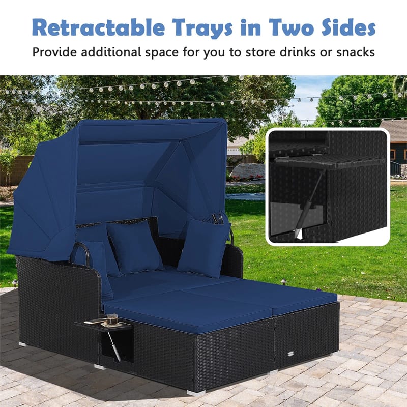 Hand-Woven Rattan Patio Daybed with Retractable Canopy & Side Tables, Outdoor Double Conversation Sunbed