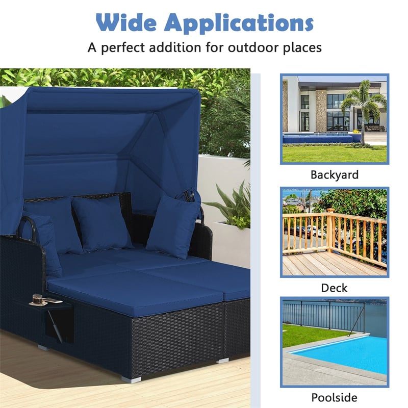 Hand-Woven Rattan Patio Daybed with Retractable Canopy & Side Tables, Outdoor Double Conversation Sunbed