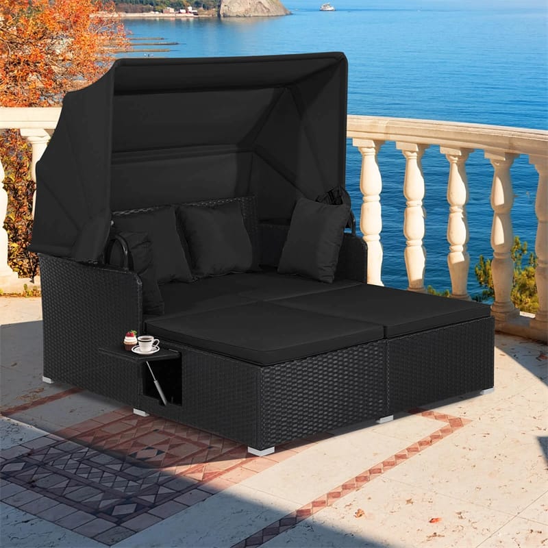 Patio Rattan Daybed, Outdoor Wicker Double Sun Lounger with Retractable Canopy, 2 Foldable Side Trays & Thick Cushions for Garden Poolside, Porch