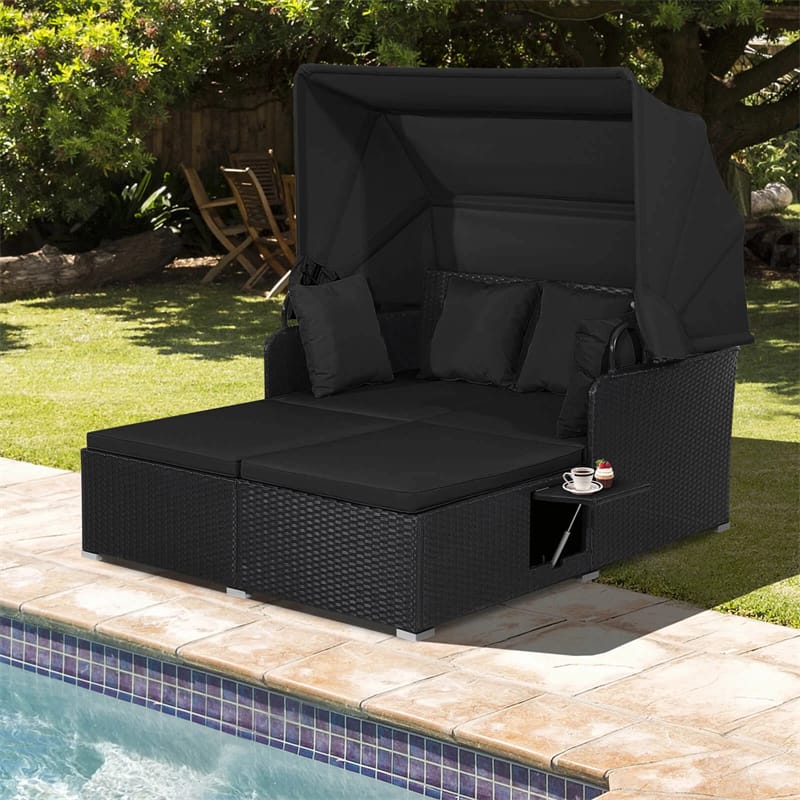Hand-Woven Rattan Patio Daybed with Retractable Canopy & Side Tables, Outdoor Double Conversation Sunbed