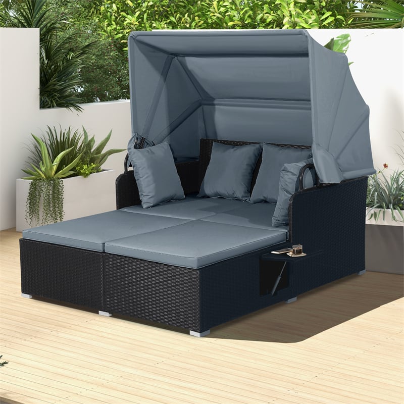 Hand-Woven Rattan Patio Daybed with Retractable Canopy & Side Tables, Outdoor Double Conversation Sunbed