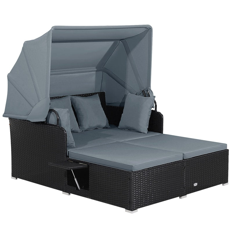 Hand-Woven Rattan Patio Daybed with Retractable Canopy & Side Tables, Outdoor Double Conversation Sunbed