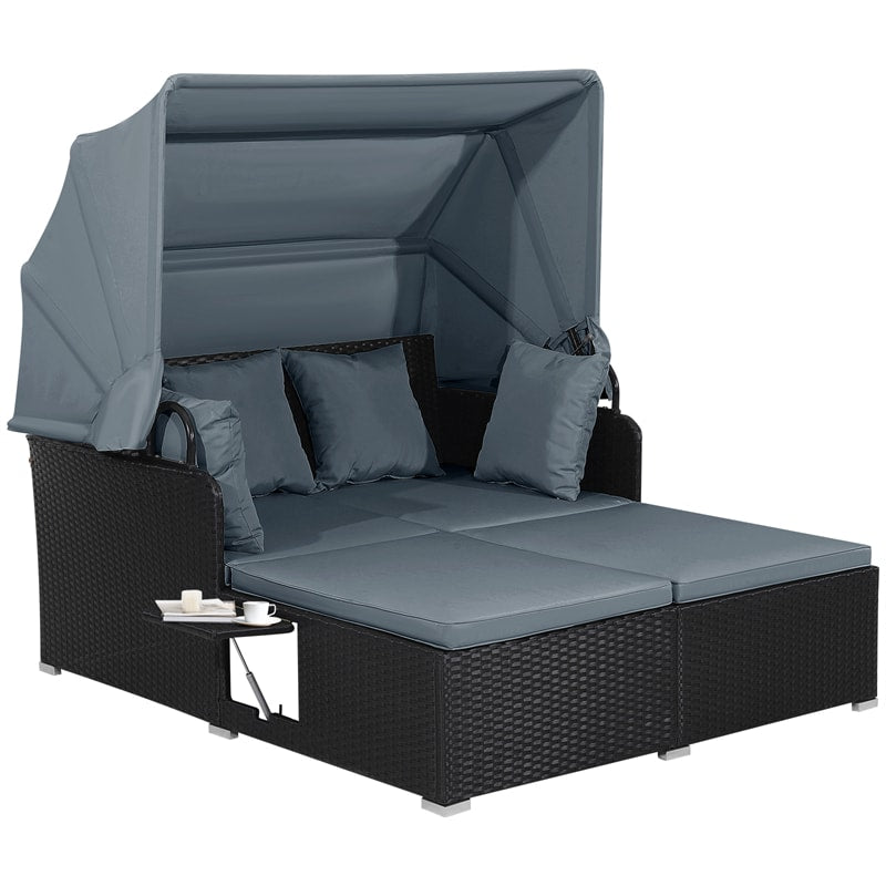 Hand-Woven Rattan Patio Daybed with Retractable Canopy & Side Tables, Outdoor Double Conversation Sunbed
