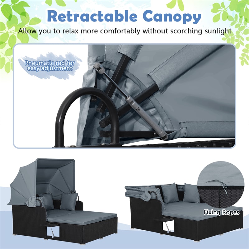 Hand-Woven Rattan Patio Daybed with Retractable Canopy & Side Tables, Outdoor Double Conversation Sunbed