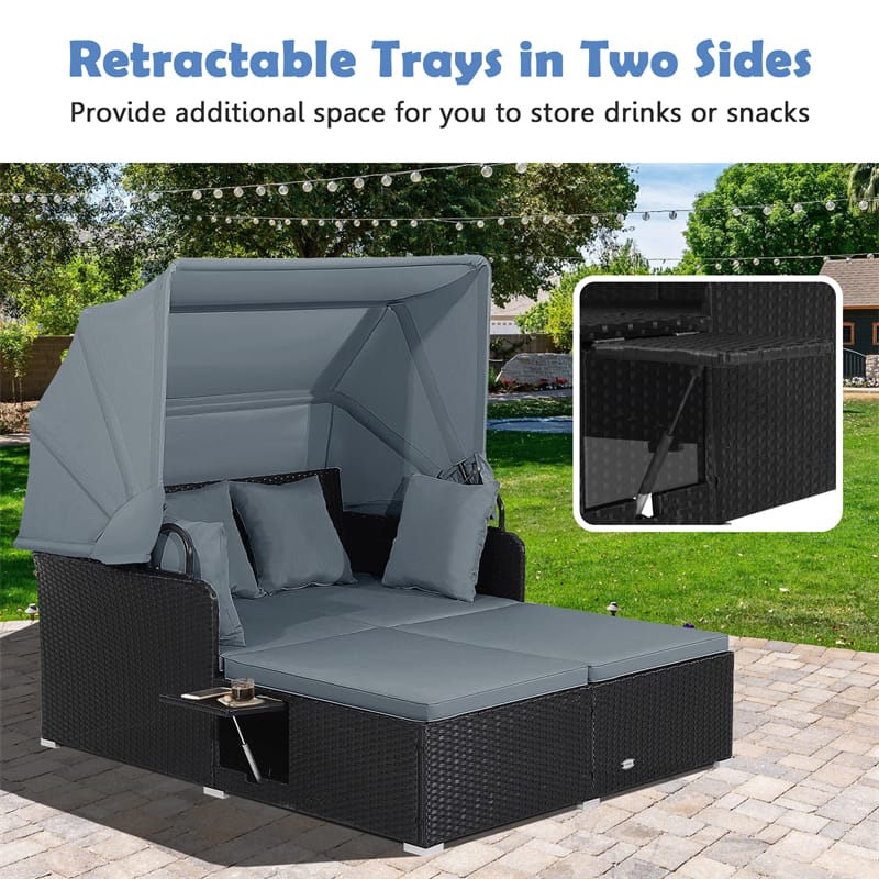 Hand-Woven Rattan Patio Daybed with Retractable Canopy & Side Tables, Outdoor Double Conversation Sunbed
