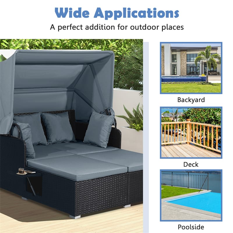 Hand-Woven Rattan Patio Daybed with Retractable Canopy & Side Tables, Outdoor Double Conversation Sunbed