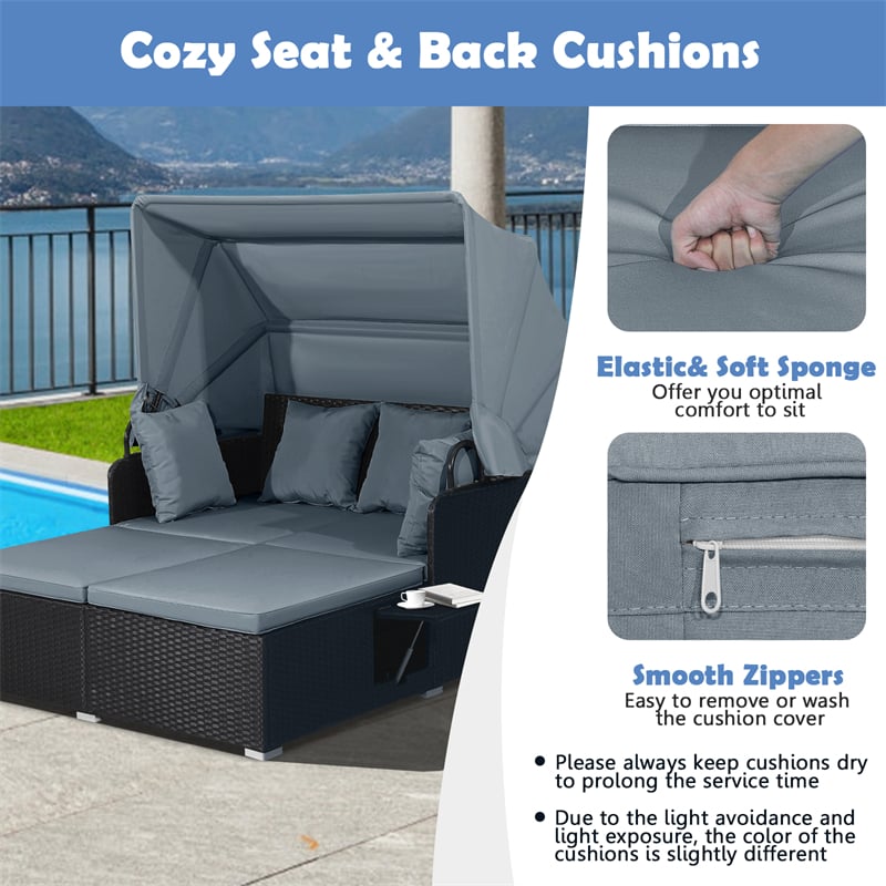 Hand-Woven Rattan Patio Daybed with Retractable Canopy & Side Tables, Outdoor Double Conversation Sunbed