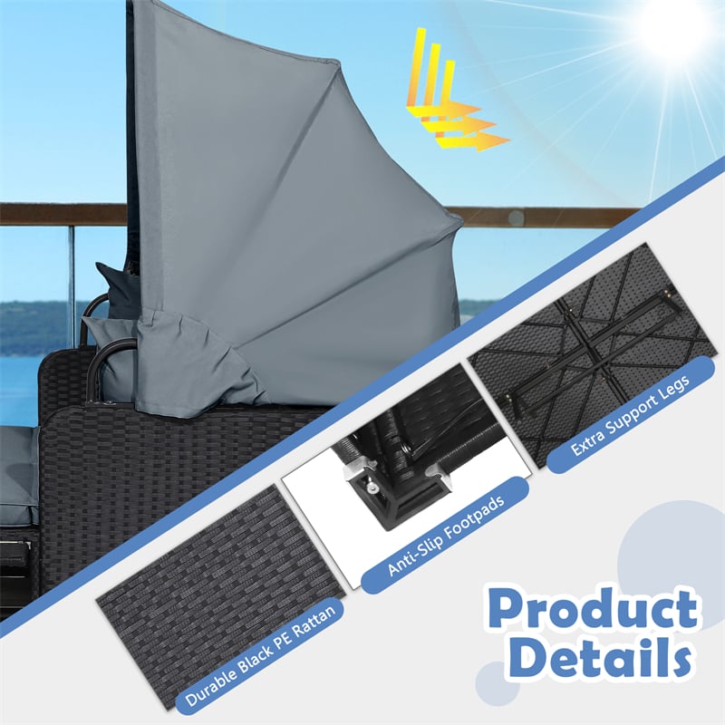 Hand-Woven Rattan Patio Daybed with Retractable Canopy & Side Tables, Outdoor Double Conversation Sunbed