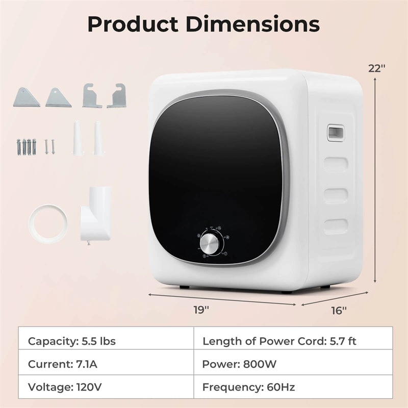 1.5 cu.ft Portable Clothes Dryer, 800W Electric Compact Vented Tumble Dryer with Stainless Steel Tub & 5 Modes for Apartment, Dorm & RV