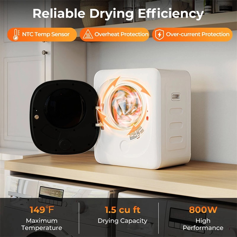 1.5 cu.ft Portable Clothes Dryer, 800W Electric Compact Vented Tumble Dryer with Stainless Steel Tub & 5 Modes for Apartment, Dorm & RV