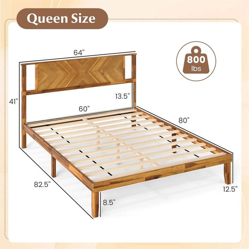Twin/Full/Queen Size Acacia Wood Platform Bed Frame with Headboard, Mid-Century Modern Bed Frame w/Wooden Slats Support & Under-Bed Space