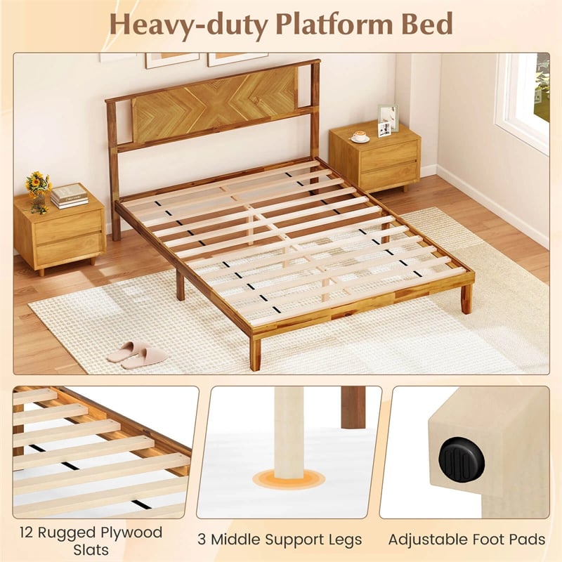 Twin/Full/Queen Size Acacia Wood Platform Bed Frame with Headboard, Mid-Century Modern Bed Frame w/Wooden Slats Support & Under-Bed Space