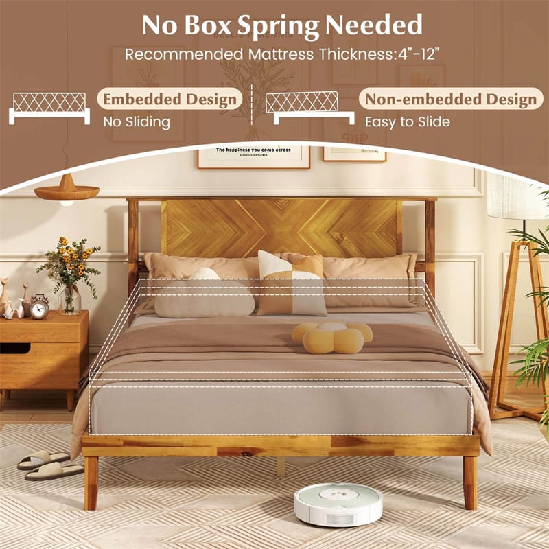Twin/Full/Queen Size Acacia Wood Platform Bed Frame with Headboard, Mid-Century Modern Bed Frame w/Wooden Slats Support & Under-Bed Space