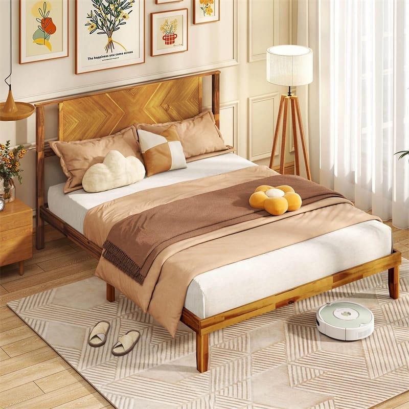Twin/Full/Queen Size Acacia Wood Platform Bed Frame with Headboard, Mid-Century Modern Bed Frame w/Wooden Slats Support & Under-Bed Space