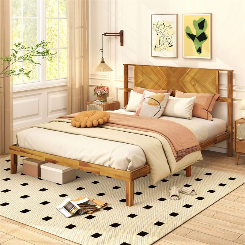 Twin/Full/Queen Size Acacia Wood Platform Bed Frame with Headboard, Mid-Century Modern Bed Frame w/Wooden Slats Support & Under-Bed Space