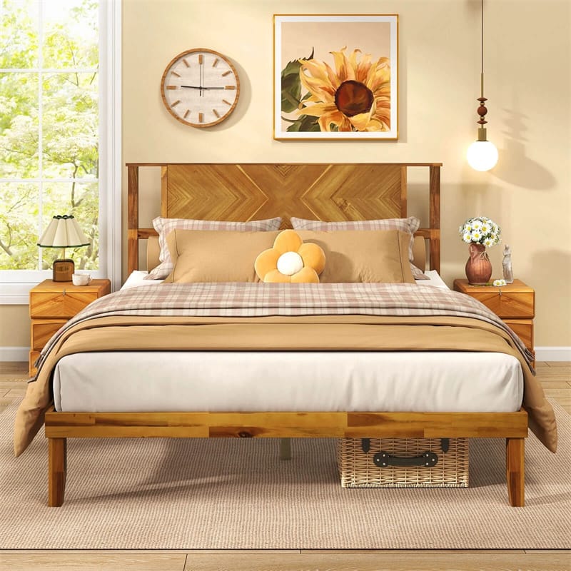 Twin/Full/Queen Size Acacia Wood Platform Bed Frame with Headboard, Mid-Century Modern Bed Frame w/Wooden Slats Support & Under-Bed Space