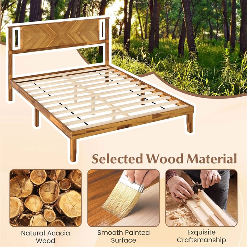 Twin/Full/Queen Size Acacia Wood Platform Bed Frame with Headboard, Mid-Century Modern Bed Frame w/Wooden Slats Support & Under-Bed Space