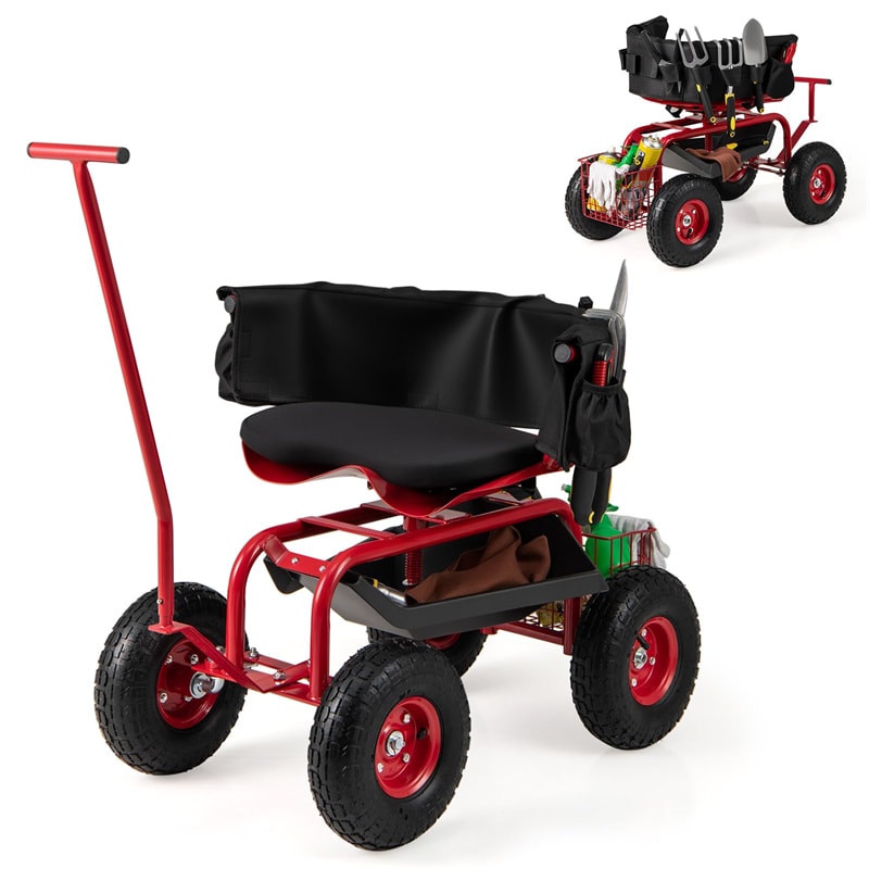 Rolling Garden Cart Workseat Garden Scooter with 360 Degree Swivel Cushioned Seat & Tool Storage, 2 Steering Handles