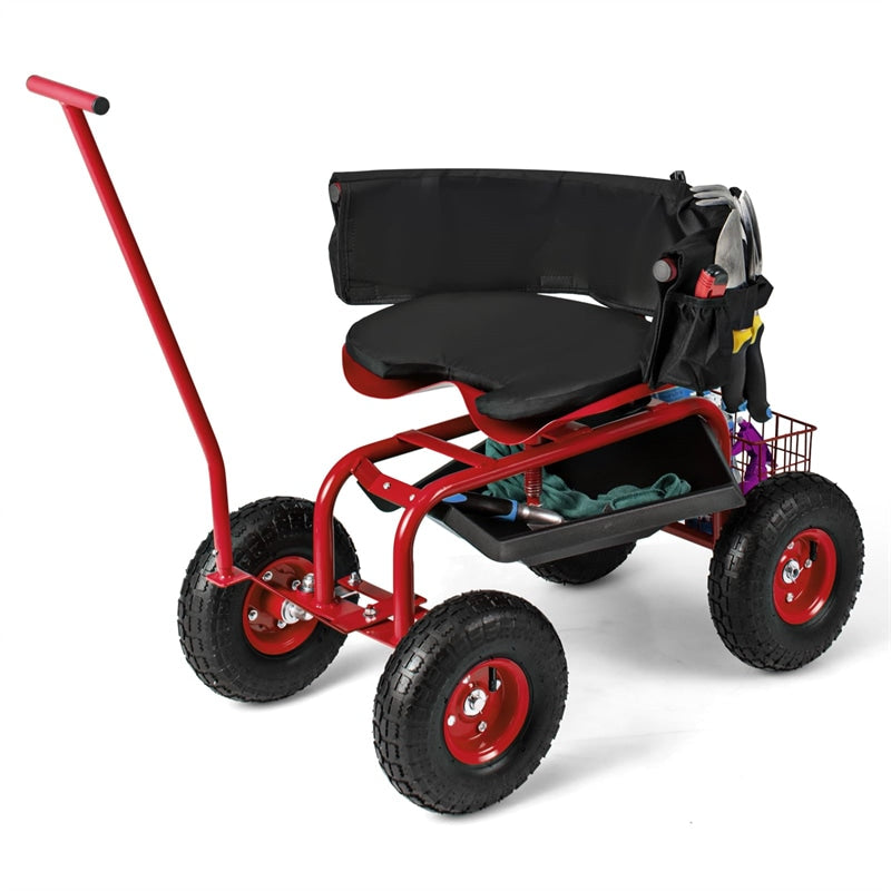 Rolling Garden Cart Workseat Garden Scooter with 360 Degree Swivel Cushioned Seat & Tool Storage, 2 Steering Handles