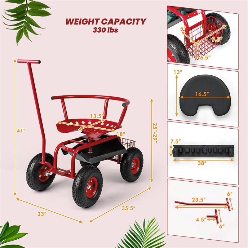 Rolling Garden Cart Workseat Garden Scooter with 360 Degree Swivel Cushioned Seat & Tool Storage, 2 Steering Handles