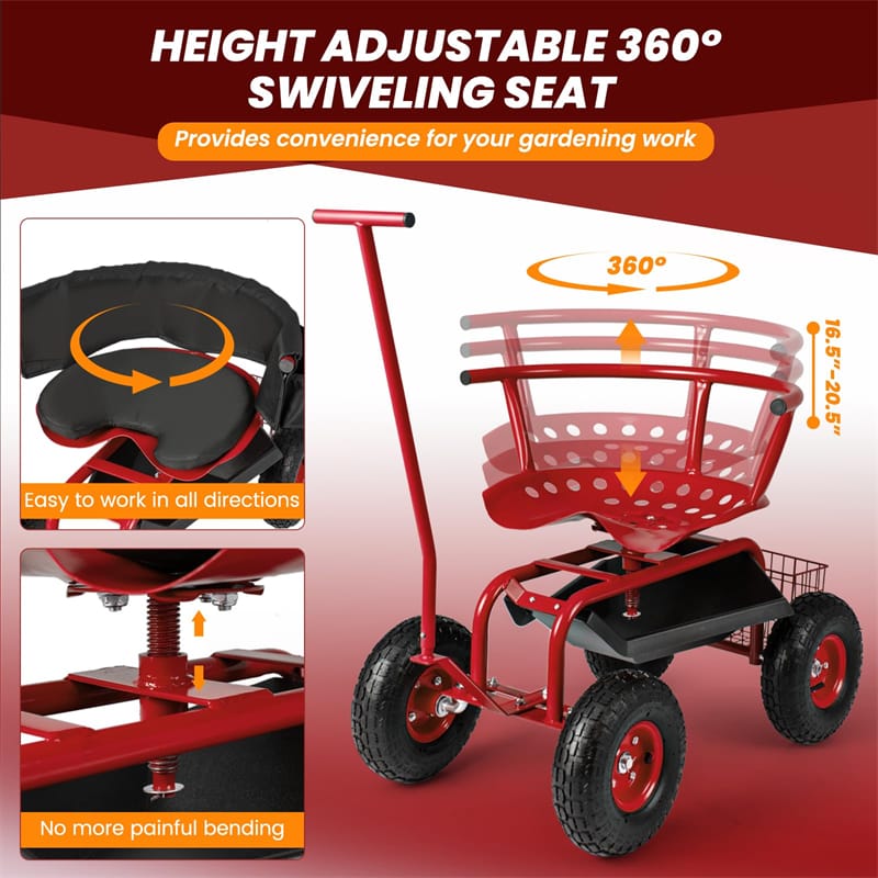 Rolling Garden Cart Workseat Garden Scooter with 360 Degree Swivel Cushioned Seat & Tool Storage, 2 Steering Handles