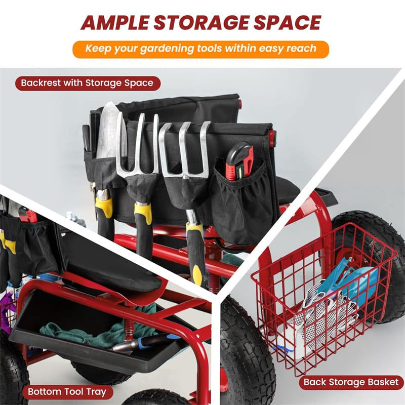 Rolling Garden Cart Workseat Garden Scooter with 360 Degree Swivel Cushioned Seat & Tool Storage, 2 Steering Handles