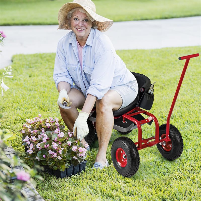 Rolling Garden Cart Workseat Garden Scooter with 360 Degree Swivel Cushioned Seat & Tool Storage, 2 Steering Handles