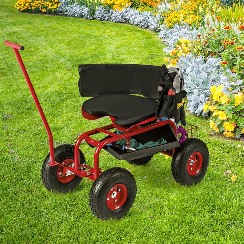 Rolling Garden Cart Workseat Garden Scooter with 360 Degree Swivel Cushioned Seat & Tool Storage, 2 Steering Handles