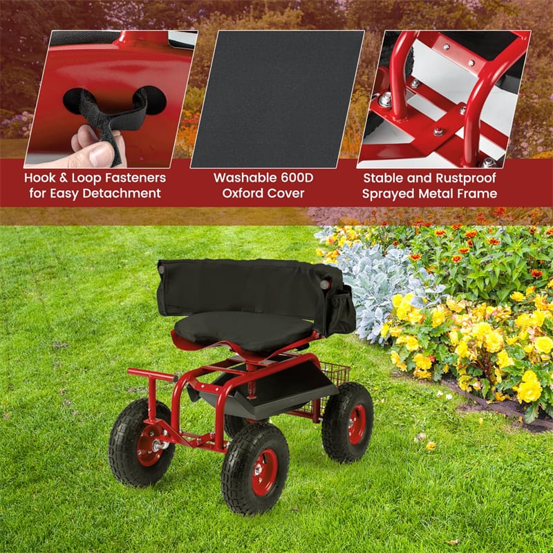 Rolling Garden Cart Workseat Garden Scooter with 360 Degree Swivel Cushioned Seat & Tool Storage, 2 Steering Handles