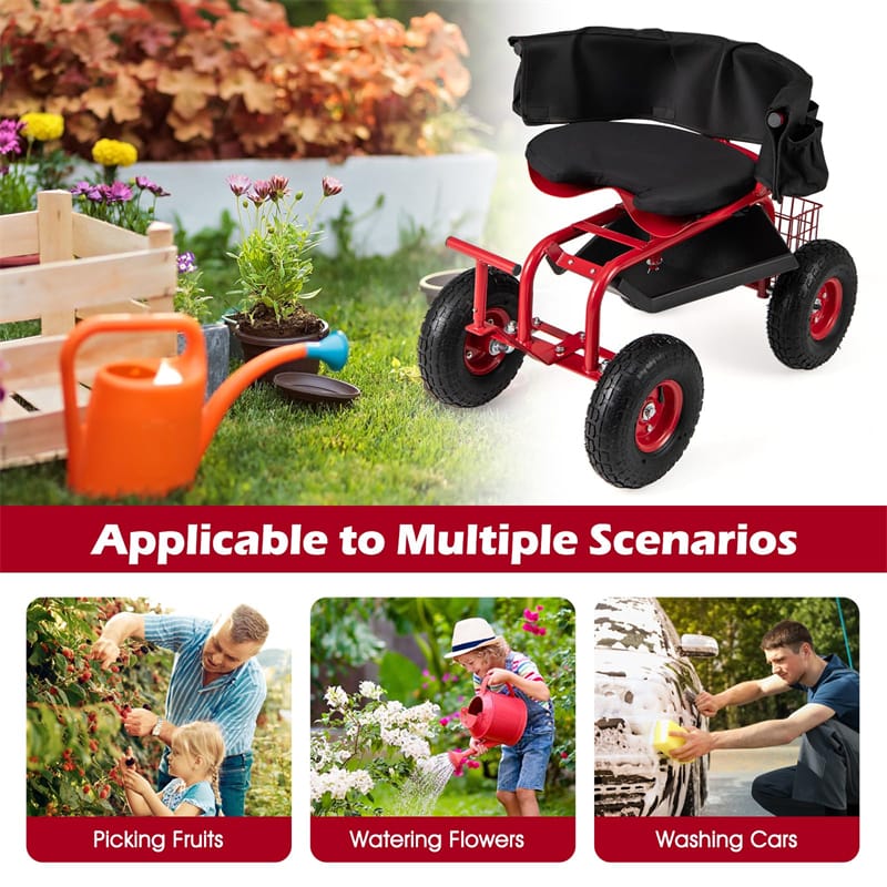 Rolling Garden Cart Workseat Garden Scooter with 360 Degree Swivel Cushioned Seat & Tool Storage, 2 Steering Handles