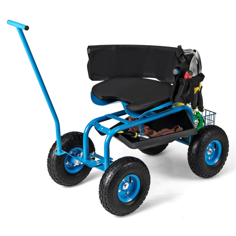 Rolling Garden Cart Workseat Garden Scooter with 360 Degree Swivel Cushioned Seat & Tool Storage, 2 Steering Handles