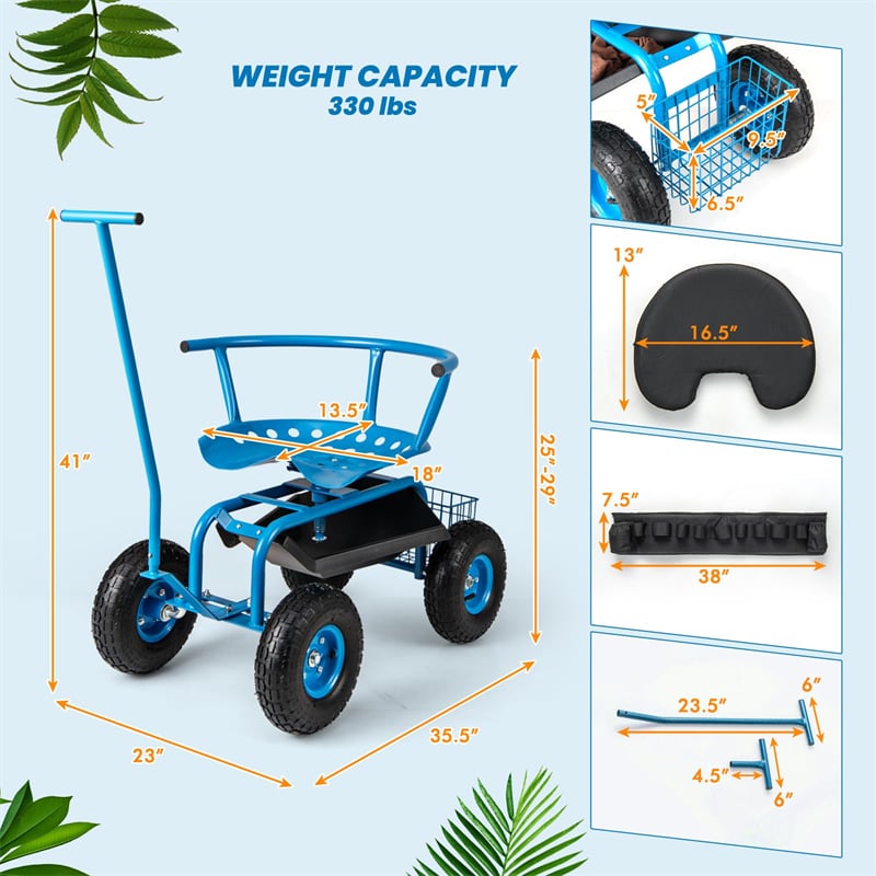 Rolling Garden Cart Workseat Garden Scooter with 360 Degree Swivel Cushioned Seat & Tool Storage, 2 Steering Handles