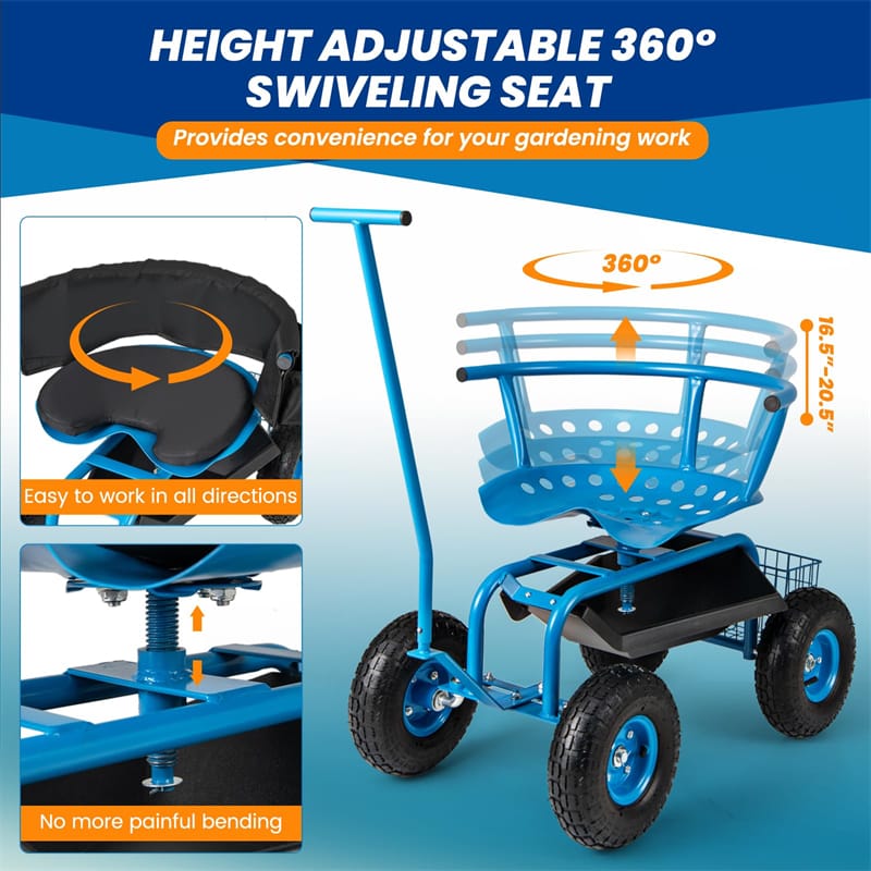 Rolling Garden Cart Workseat Garden Scooter with 360 Degree Swivel Cushioned Seat & Tool Storage, 2 Steering Handles