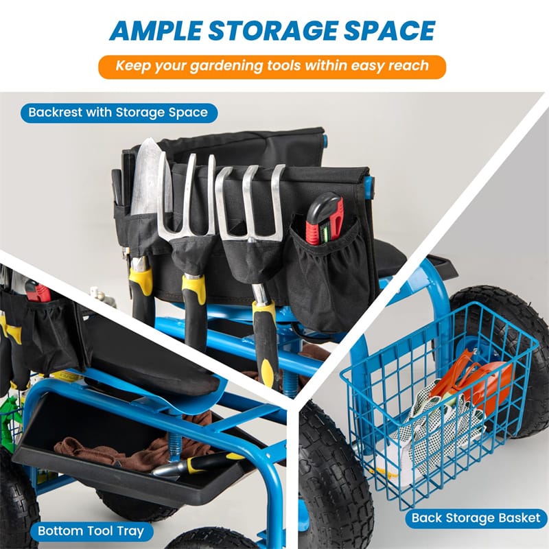 Rolling Garden Cart Workseat Garden Scooter with 360 Degree Swivel Cushioned Seat & Tool Storage, 2 Steering Handles